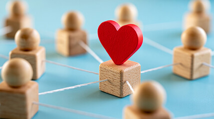 Obraz premium Human centered support network concept, empathy heart icon connecting diverse people blocks, compassionate leadership theme, with copy space