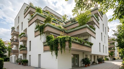 Fototapeta premium Contemporary urban apartment complex featuring vibrant green balconies and lush facade plantings, promoting sustainable living and modern architectural design