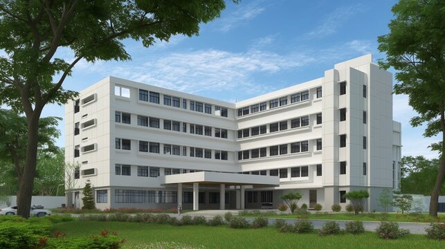 A three-story white hospital with an L-shaped design and a canopied entrance creates a clean, accessible, and professional healthcare environment.
