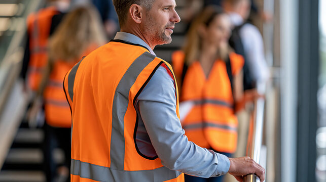 Faceless fire warden in reflective vest guiding office workers toward exit during emergency evacuation drill, safety training concept, defocused background, with copy space
