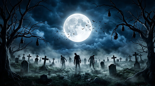 Spooky Graveyard Scene with Silhouetted Zombies Under a Full Moon