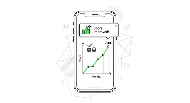 Mobile app screen shows credit score improvement, trend chart, and monthly progress updates.