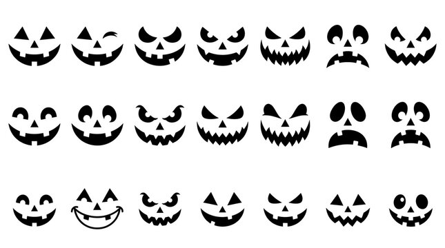 Set of twenty-one black Halloween pumpkin jack-o'-lantern face silhouettes