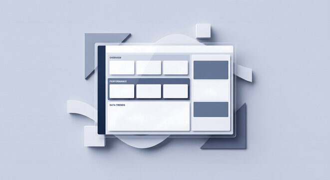 Modern UI dashboard mockup template with glassmorphism interface and floating geometric shapes.