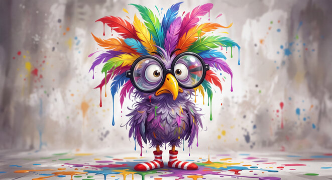 A lively illustration of a funny, fluffy bird wearing glasses and striped socks, with colorful feathers on its head and covered in paint splatters.