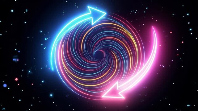 Abstract neon vortex with glowing blue and red arrows in space 4k video