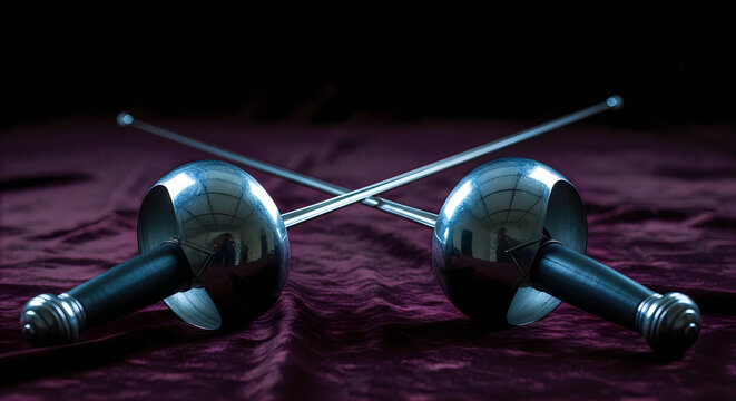 Two shiny fencing swords lying on purple fabric