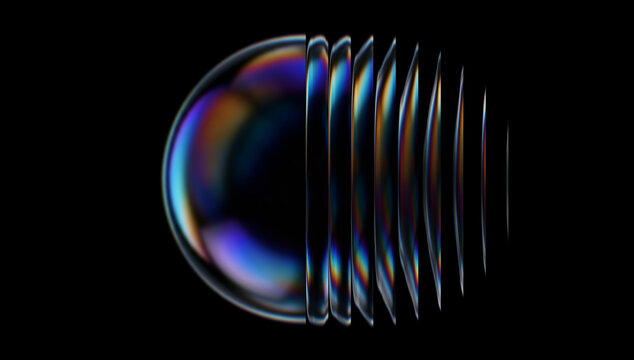 Iridescent glass sphere with sliced layers 3D render, holographic soap bubble effect with rainbow light refraction, futuristic geometric crystal orb.