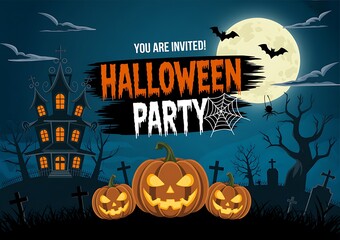 Fototapeta premium Halloween party invitation background featuring a spooky haunted house pumpkins and a full moon in the night sky