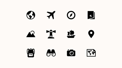 Minimalist travel with black white icon sheet showcasing twelve distinct symbols representing travel exploration themes against neutral background © Rahul