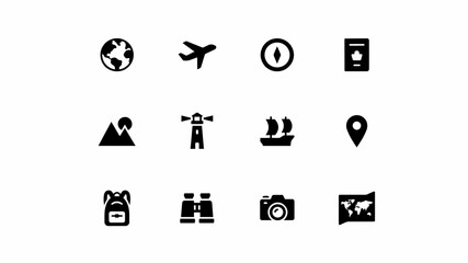 Modern minimalist travel and adventure icon collection set on light background with black white icons representing diverse travel exploration themes arranged clean © Rahul