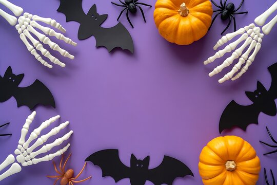 Halloween background with skeleton hands pumpkins and paper bats on a purple surface with copy space
