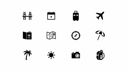 Minimalist travel with black white grid twelve minimalist icons representing travel vacation related themes modern displays clean black flat design style © Rahul