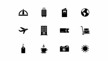 Modern minimalist travel and hospitality icon set with global themes with black white icons depicting travel essentials minimalist style against neutral background © Rahul