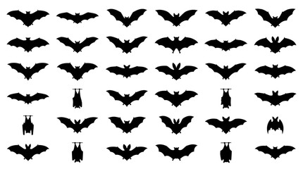 Fototapeta premium Black bat silhouettes in various flight poses and hanging positions set on a white background