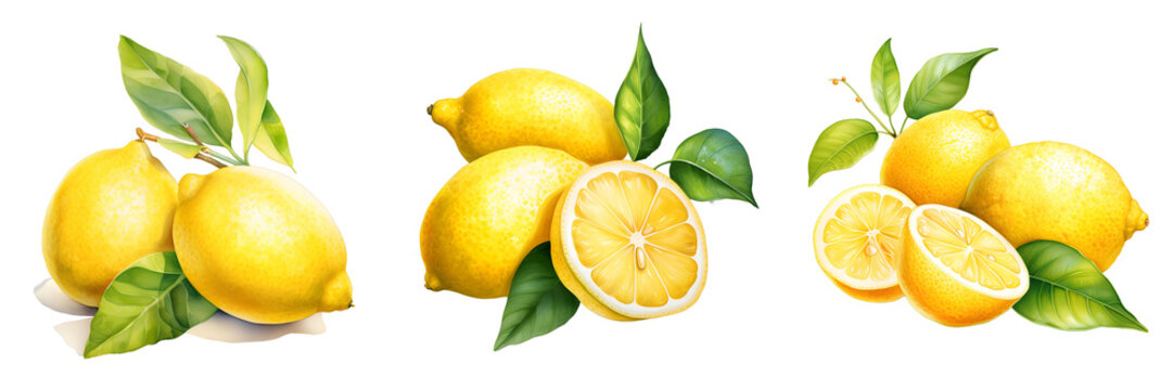 Three clusters of fresh lemons with leaves isolated on black background
