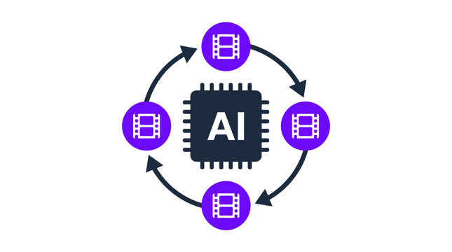 Digital processor chip surrounded by animated film reel icons representing artificial intelligence video generation software process