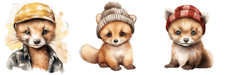Naklejka premium Watercolor paintings depict three fox kits wearing different hats in a row