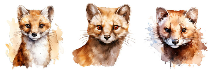 Naklejka premium Watercolor painting showcases three different fox portraits against a black backdrop