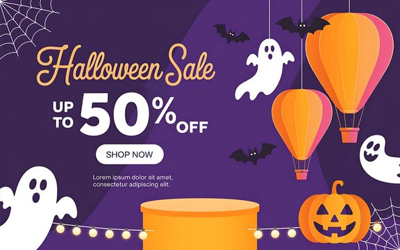 Halloween sale promotional banner with ghosts pumpkins and hot air balloons on a dark purple background