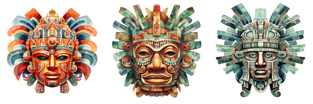 Three ornate aztec masks stand in a row against a black background, cultural and artistic
