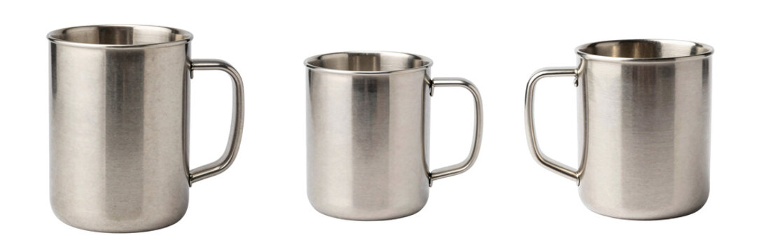 Three metal cups with handles stand side by side on a black background