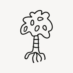 Fototapeta premium A simple black and white hand-drawn line art illustration of a stylized tree with roots, perfect for coloring pages and minimalist designs.