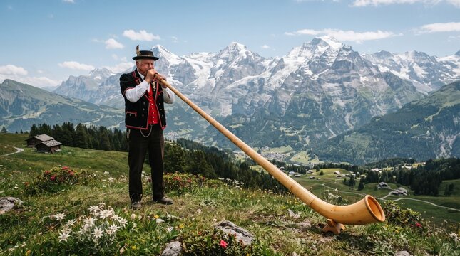 Traditional alphorn musician playing on a sunny mountain meadow with musician