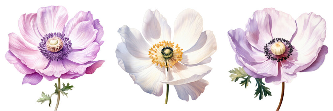 Three anemone flowers in shades of white and purple stand out against a black background