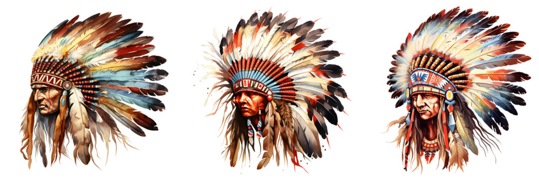 Native american chief portraits with traditional headdresses on a black background