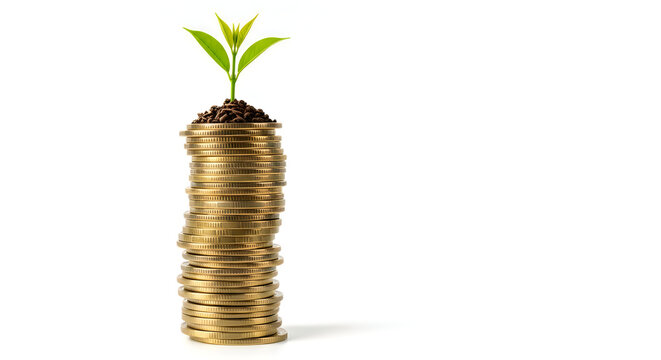 A small green plant grows from a stack of gold coins
