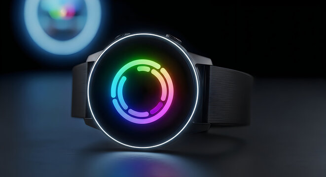 A smartwatch with a colorful circular light on its face