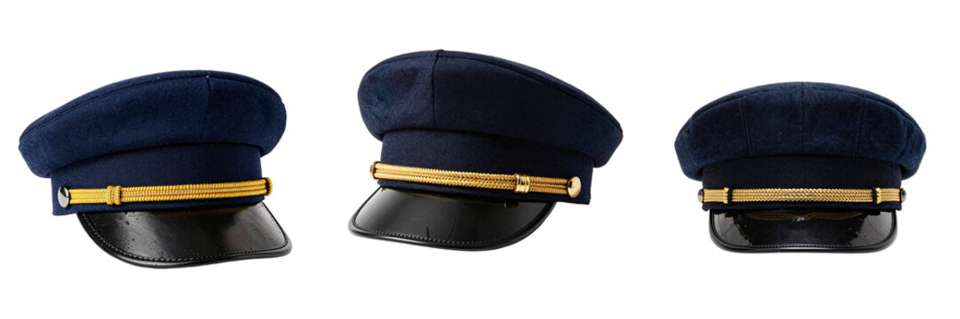 Three peaked caps present navy fabric and a shiny black brim on a black background