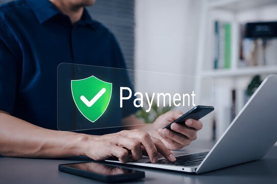 Secure Payment and Trusted Transaction Concept. A man using a laptop and smartphone with payment shield icon representing secure checkout, digital transaction protection and trusted online payment.