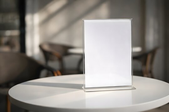 Stand Mock up Menu frame tent card blurred background design key visual layout in cafe.