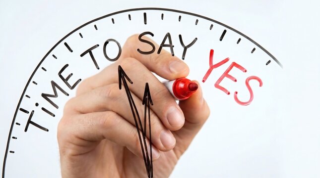 Hand Writing Time to Say Yes with Hand Drawing on Transparent Glass Board Business