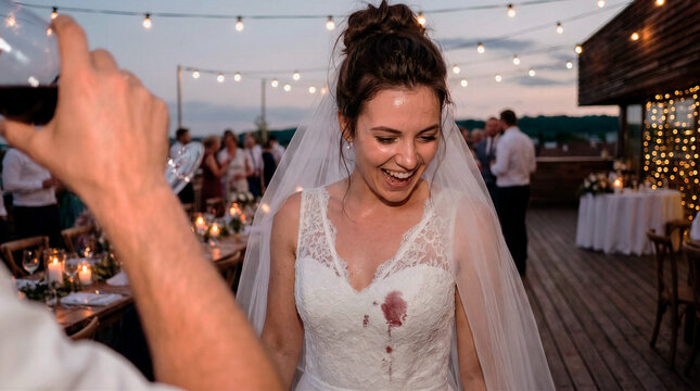 Laughing bride with a wine stain on her white wedding dress during the wedding reception