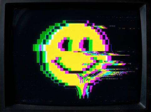 Retro glitch smiley face on vintage CRT monitor, pixel art yellow emoji with digital distortion, 90s aesthetic computer screen