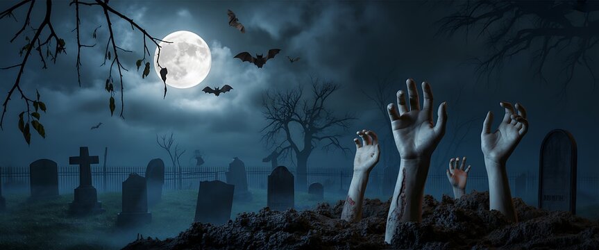 Spooky graveyard scene with zombie hands rising from the ground under a bright full moon at night
