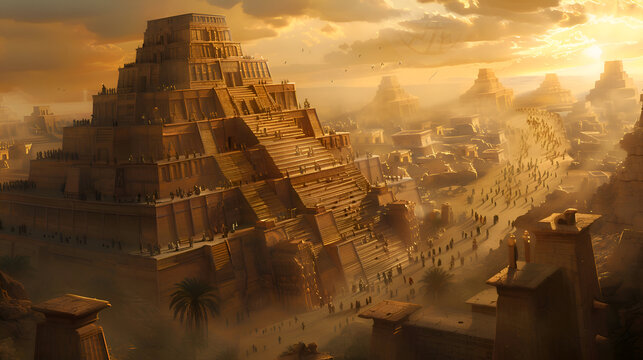 Ancient mesopotamian ziggurat at sunset with crowd and dusty sky