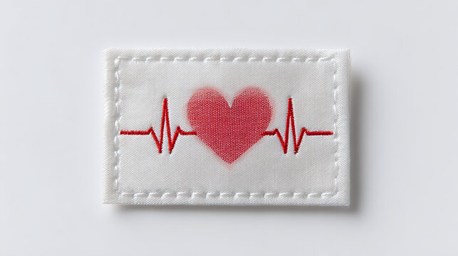 Red embroidered heart shape with ekg pulse line on white fabric background
