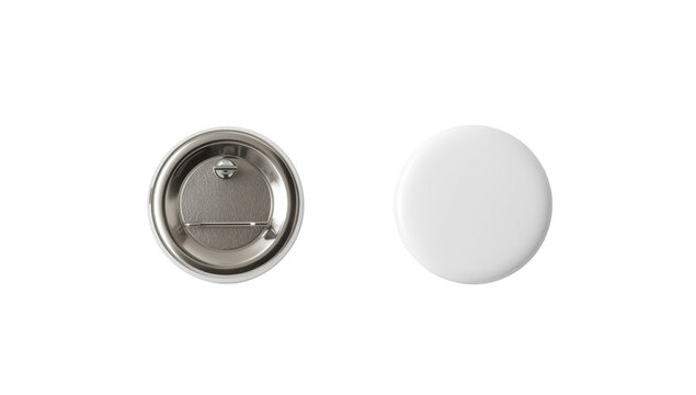 Front and back view of blank round metal pin button badge isolated on black background, for branding mockup isolated on a transparent background