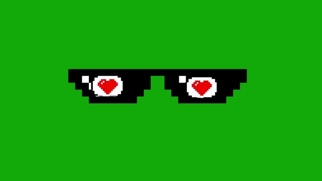 Pixelated heart eyes glasses animation moving on vibrant green background screen