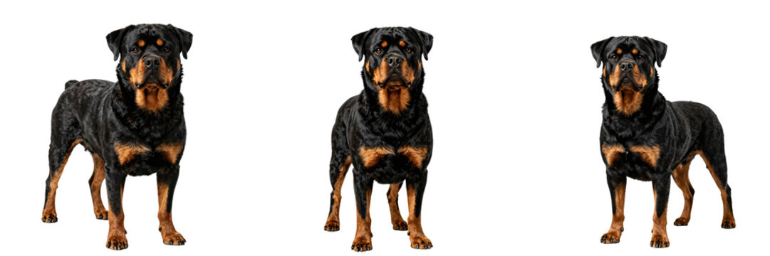 Three rottweilers stand side by side against a black backdrop in a studio setting