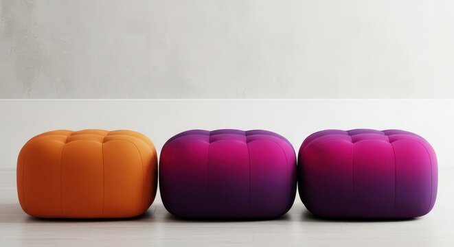 Three vibrant round ottomans in contrasting colors against a neutral background