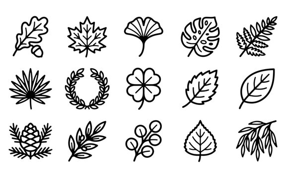 A collection of various hand drawn tree leaf icons set in a simple black and white line art style
