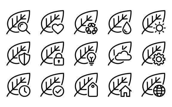 Set of black and white outline icons featuring a tree leaf combined with various environmental and technology related symbols