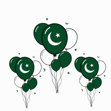 Cluster of green and white balloons with crescent moon and star symbols tied together floating upward on light background illustration