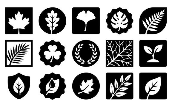 A collection of black and white icons featuring various types of tree leaf shapes in different artistic frames