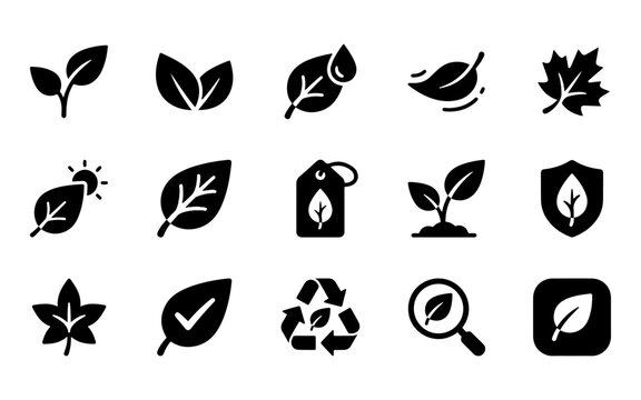 A collection of black silhouette icons featuring various tree leaf designs for eco friendly and sustainable branding projects
